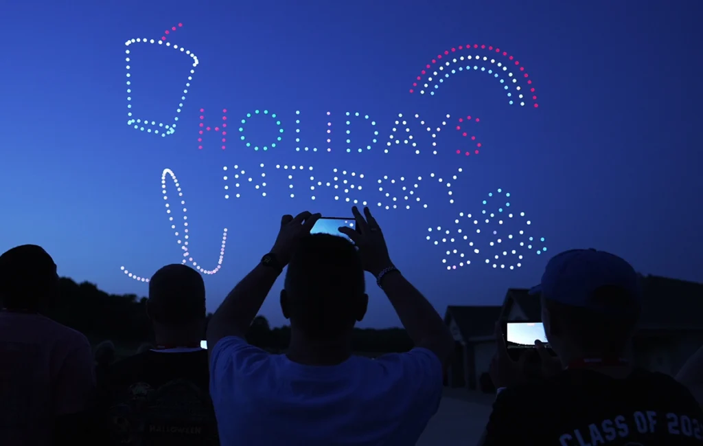Drones make up the "Holidays in the Sky" logo during the show of the same name at Holiday World.
