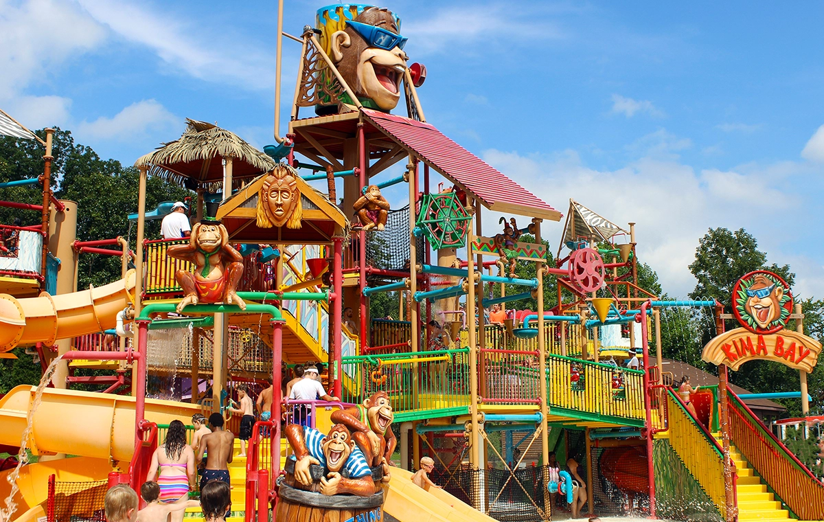 A wide view of the structure of Kima Bay at Holiday World & Splashin' Safari in Santa Claus, Indiana.