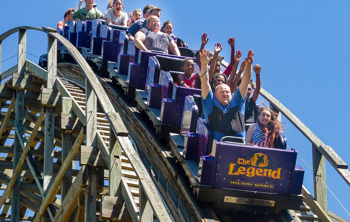 Riders getting airtime on Riders enjoying the experience on The Legend Wooden Roller Coaster at Holiday World & Splashin' Safari in Santa Claus, Indiana.