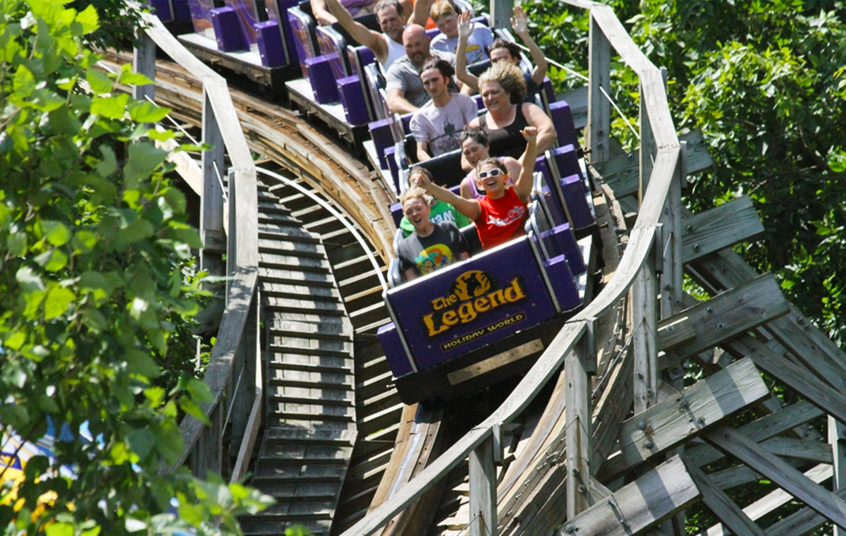 Riders enjoying the experience on The Legend Wooden Roller Coaster at Holiday World & Splashin' Safari in Santa Claus, Indiana.
