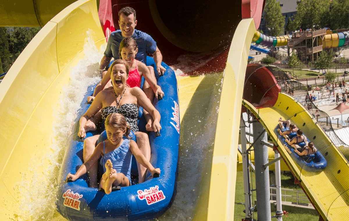 Riders slide down from the highest point of Wildebeest Water Coaster at Holiday World & Splashin' Safari in Santa Claus, Indiana